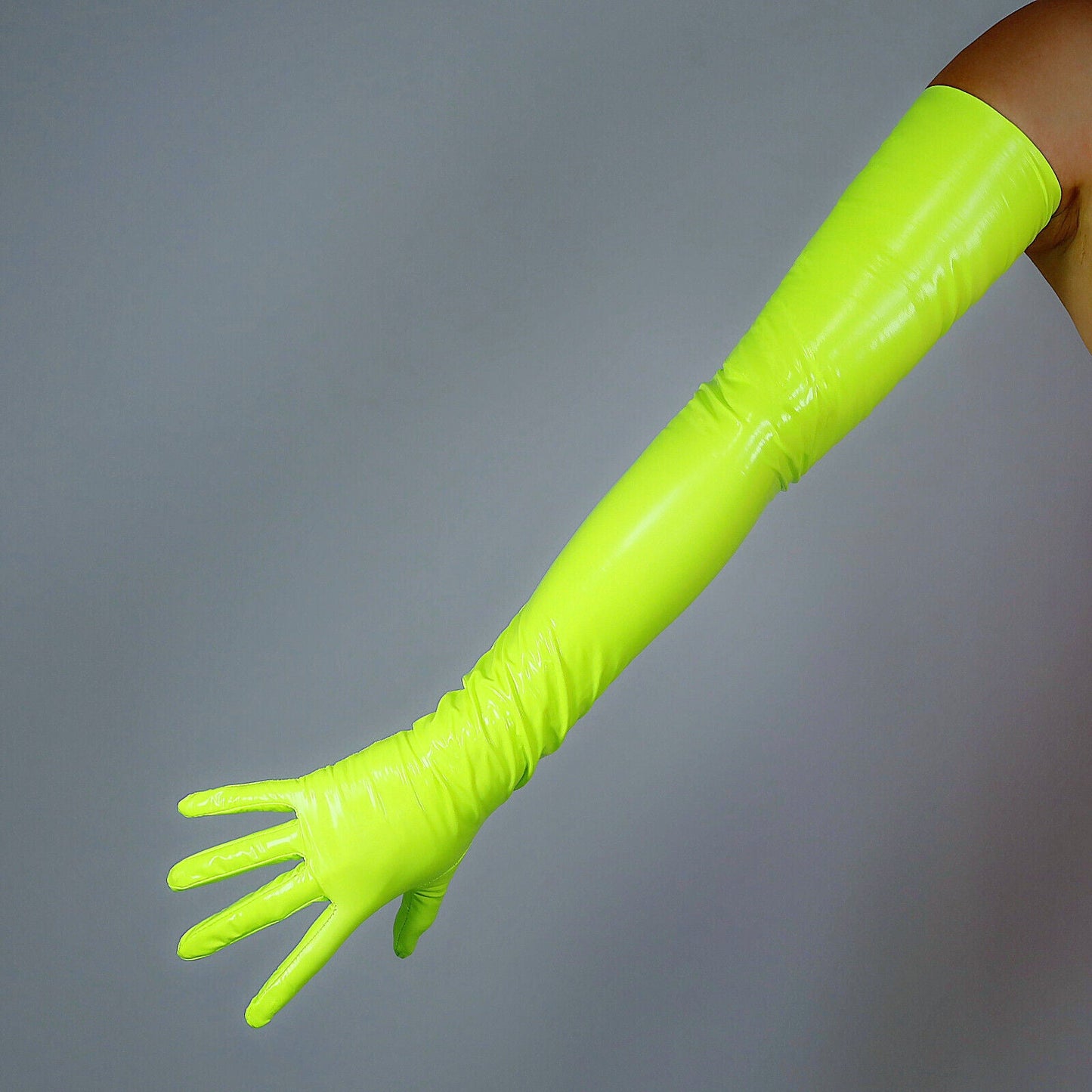 LATEX GLOVES Thin Leather 28" 70cm Fluorescence Yellow Green Lime LONG FITTED