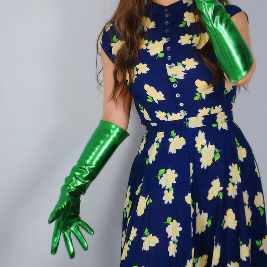 LATEX LONG GLOVES Faux Shine Patent Leather 20" 50cm Electric Green Slim Fitted