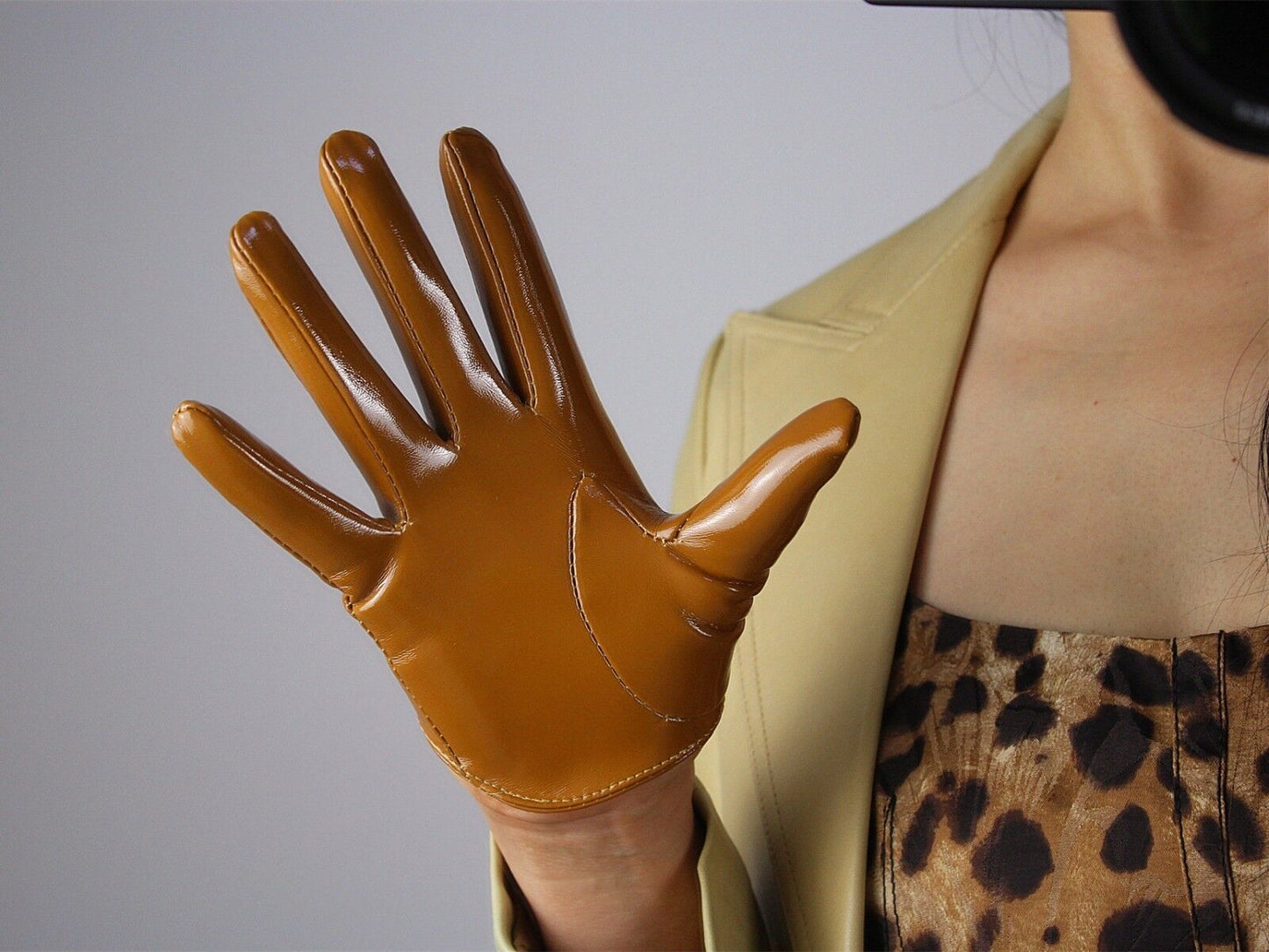 LATEX GLOVES Shine Leather Faux Patent PU 5" 13cm Short Opera Evening Brown Tan