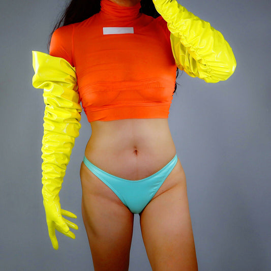 RUCHED LATEX GLOVES Faux Patent Leather 40" 100cm Long Fluorescent Yellow PUFF