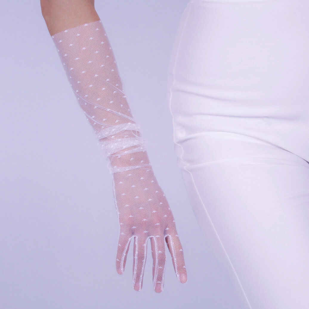 MESH LONG GLOVES Heart Shape Lace Stretch Tulle Semi Sheer Touchscreen White