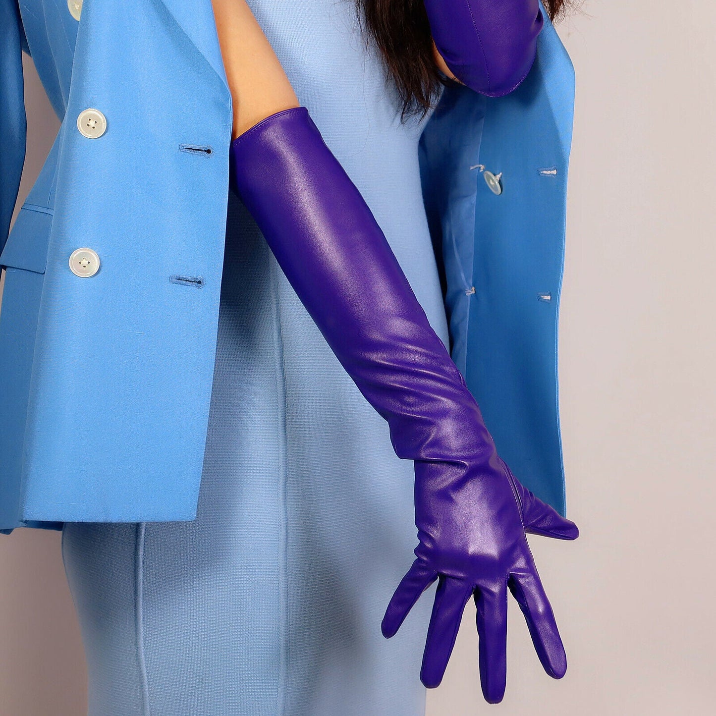 LONG FASHION GLOVES Faux Leather Sheepskin 20" 50cm Elbow Purple Ultra Violet