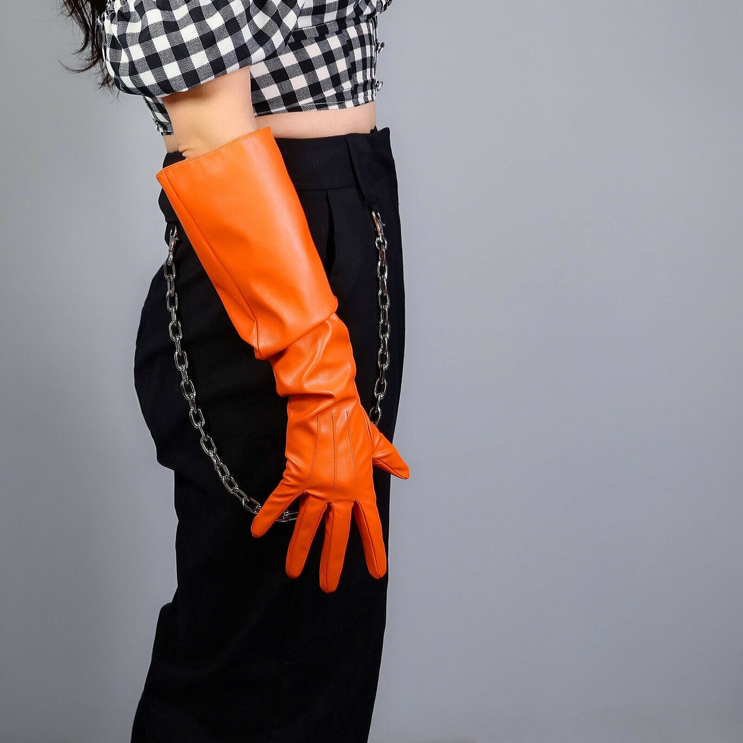 LONG FASHION GLOVES Faux Leather PU 20" 50cm Orange Unisex Loose PUFF SLEEVES L