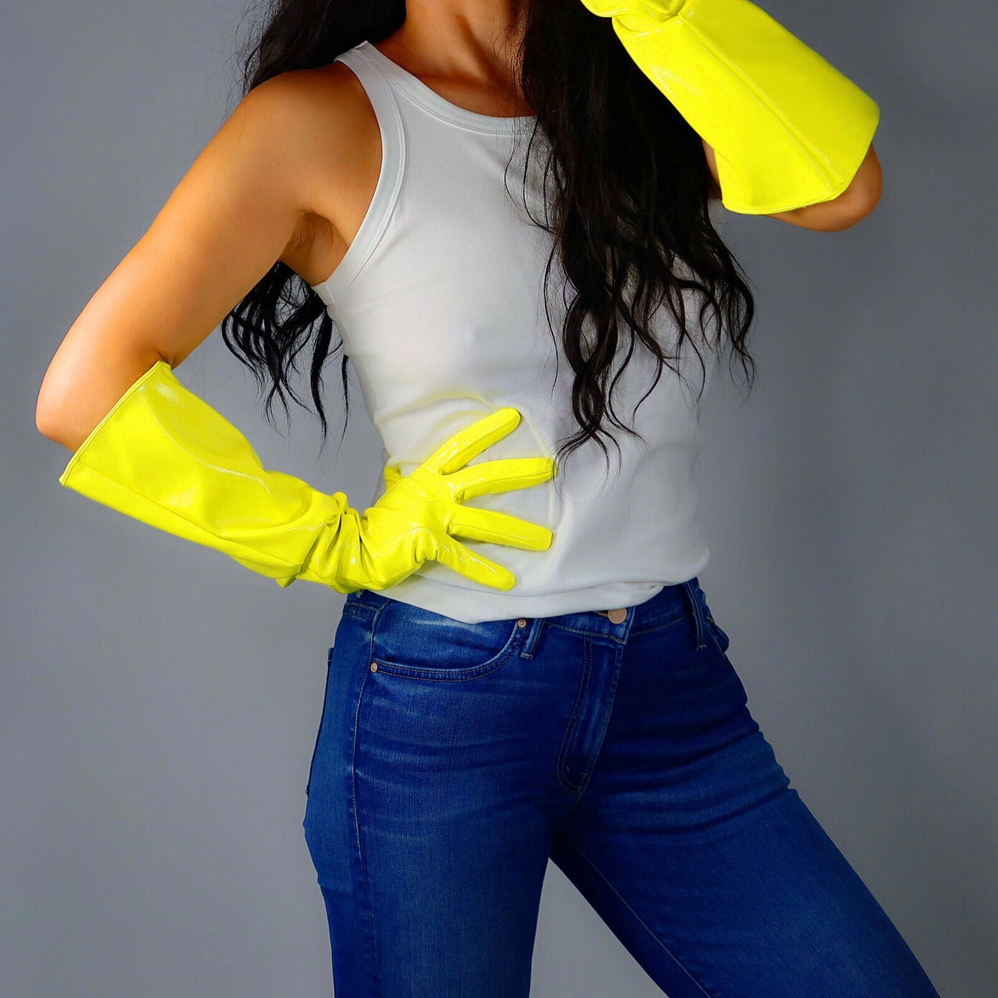 LATEX GLOVES 50cm Puff Long Shine Leather Faux Patent Lime Fluorescent Yellow