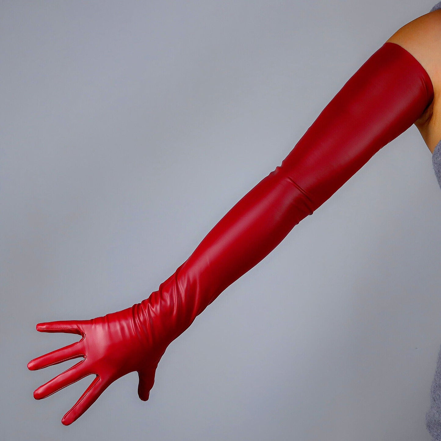 LATEX GLOVES Thin Faux Leather 28" 70cm Matt Dark Red Burgundy Wine LONG FITTED