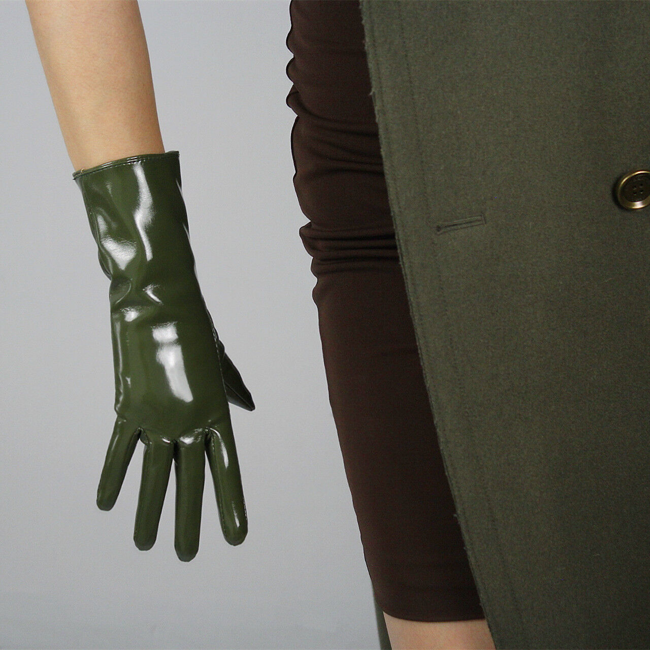 LATEX GLOVES Shine Leather Faux Patent PU 11" 28cm Short Wrist Olive Army Green