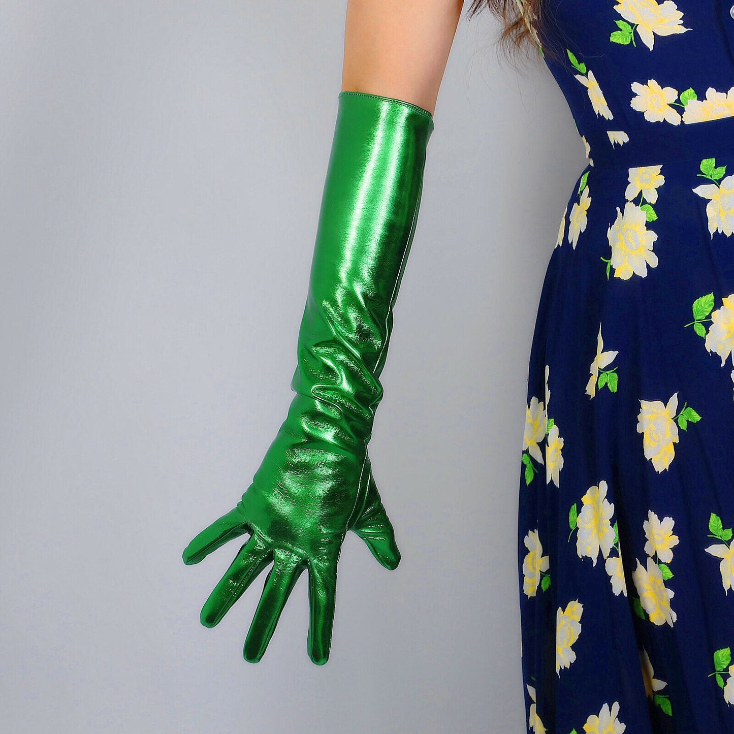 LATEX LONG GLOVES Faux Shine Patent Leather 20" 50cm Electric Green Slim Fitted