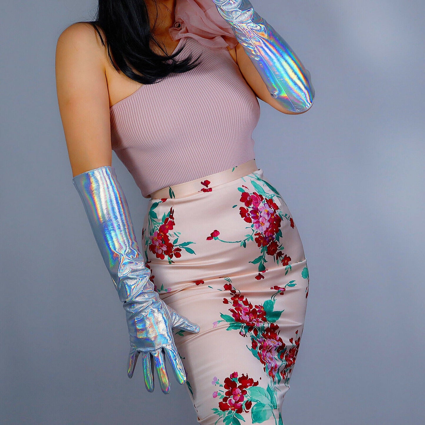 LATEX LONG GLOVES Faux Patent Leather 20" 50cm Hologram Silver Mermaid Rainbow