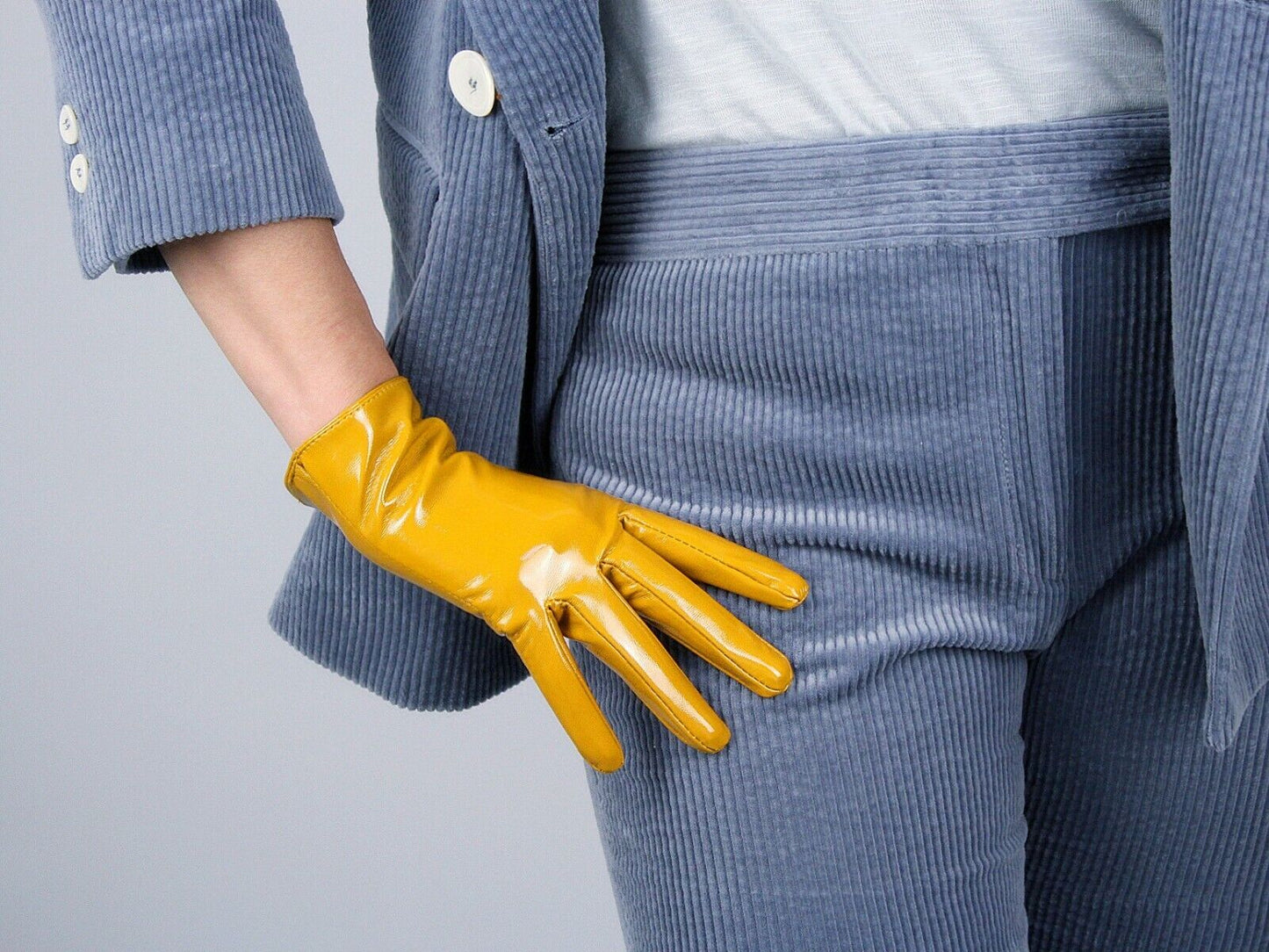 LATEX LONG GLOVES Shine Leather Faux Patent PU 8" 21cm Opera Mustard Yellow