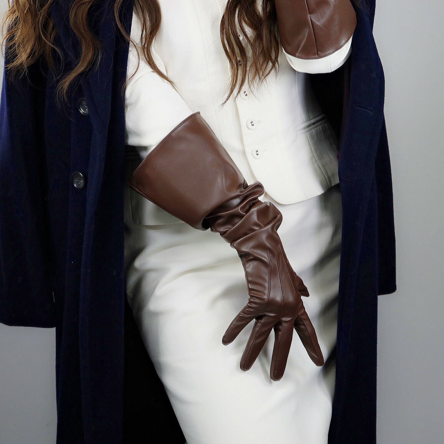 PUFF SLEEVES GLOVES Faux Leather 20" 50cm Long Coffee Dark Deep Brown L Loose