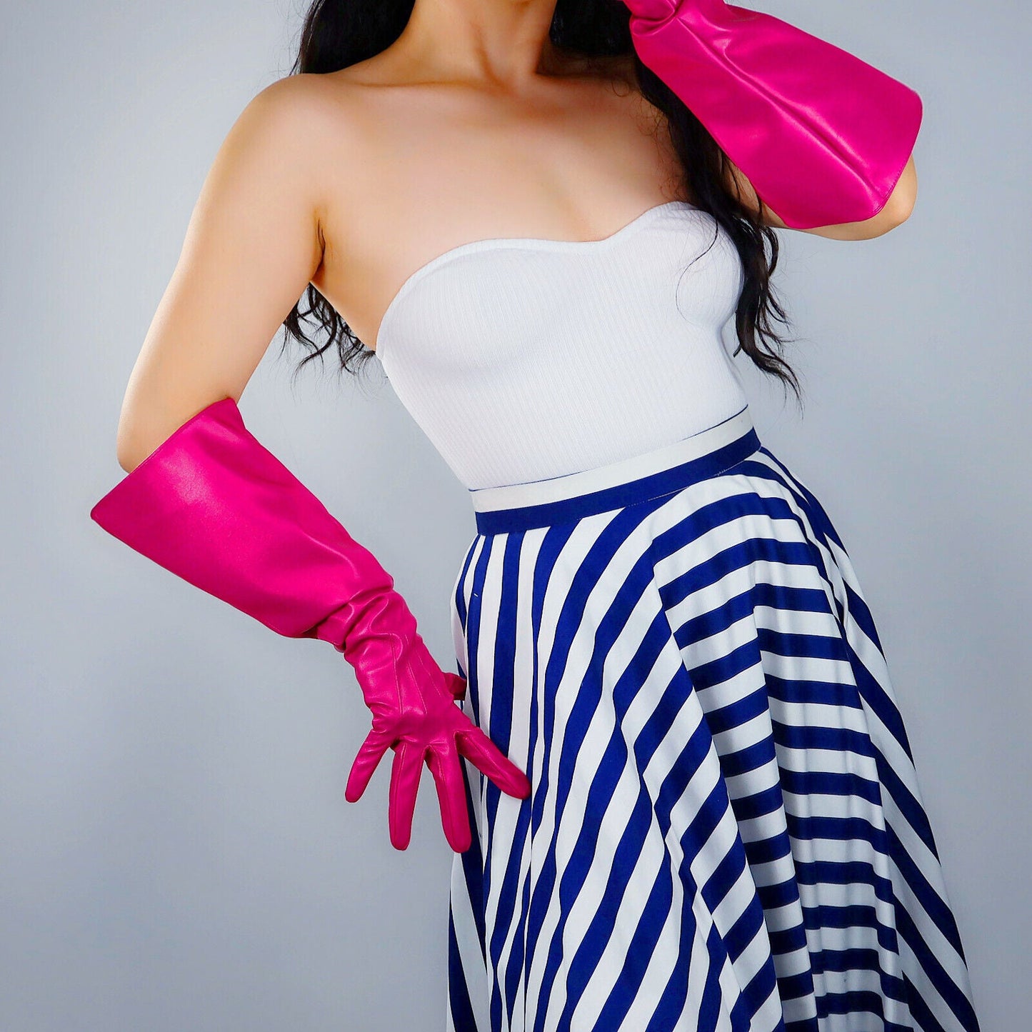 LONG FASHION GLOVES Faux Leather 20" 50cm Rose Pink Fuchsia Loose L PUFF SLEEVES