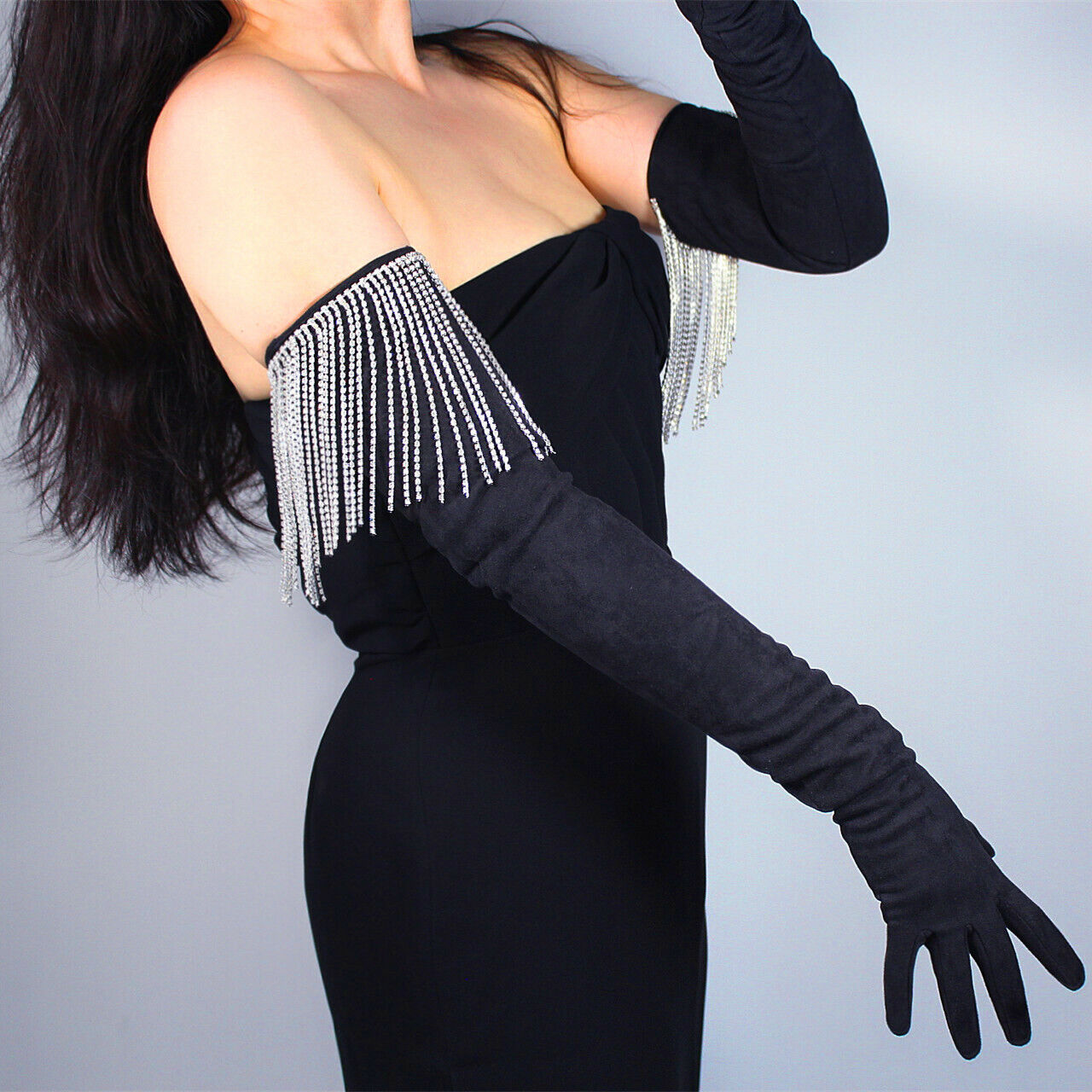 CRYSTAL TASSEL GLOVES Faux Suede Leather 28" 70cm Extra Long Black BLING BLING