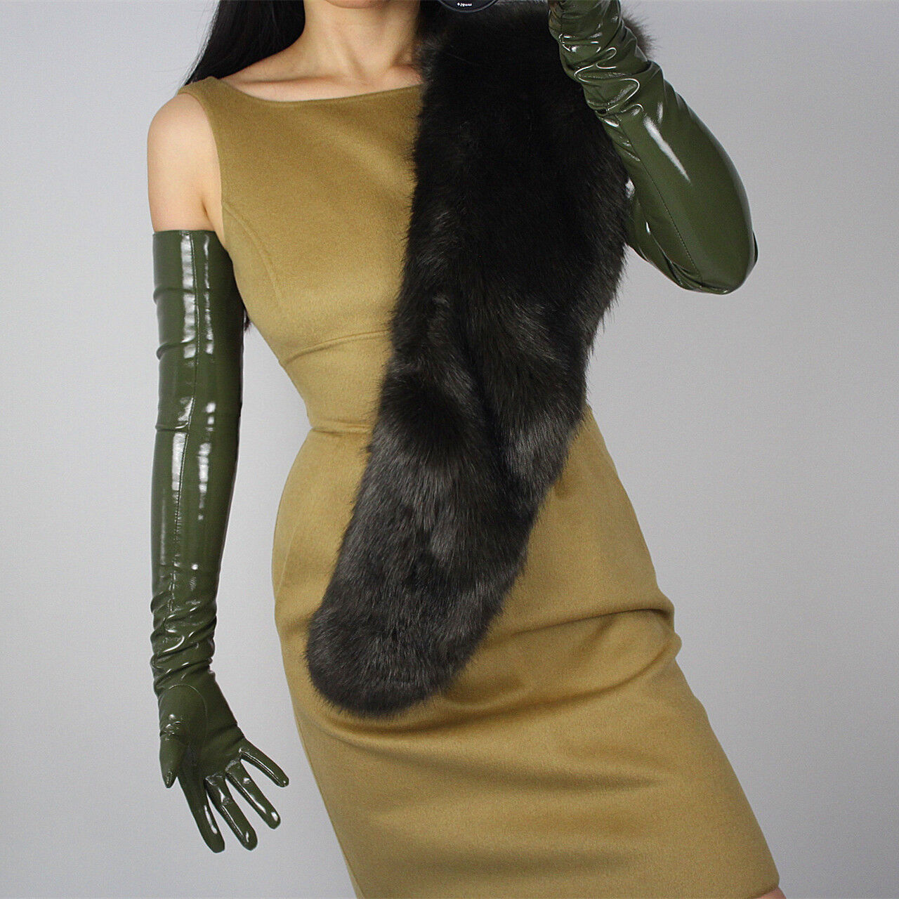 LATEX LONG GLOVES Shine Leather Faux Patent PU 28" 70cm Opera Olive Army Green