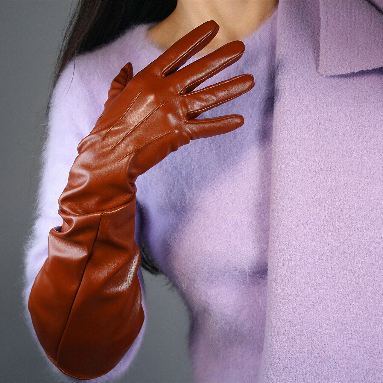 LONG GLOVES Faux Leather Unisex 50cm Elbow Camel Coffee Tan Brown PUFF SLEEVES L