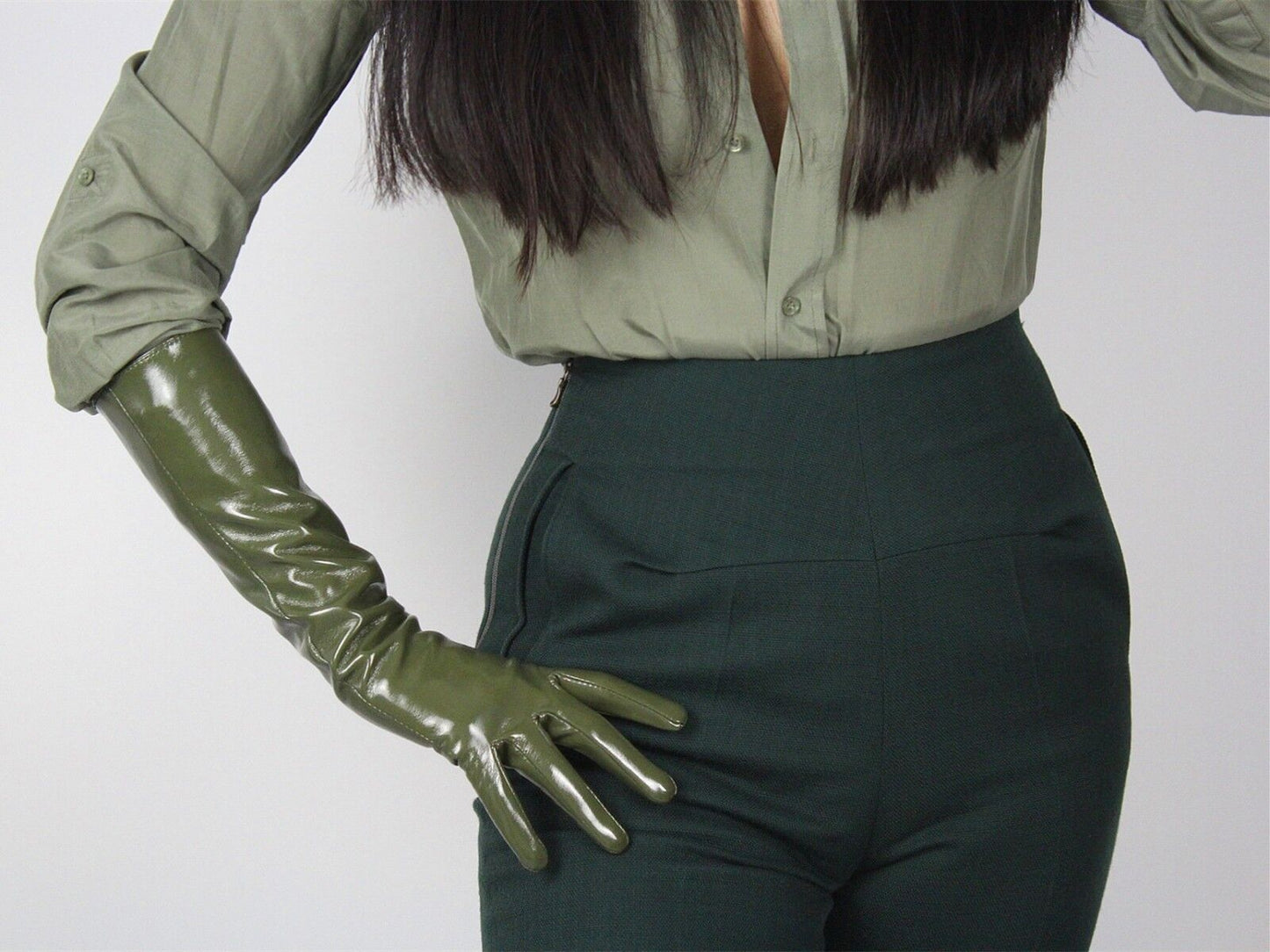 LATEX LONG GLOVES Shine Leather Faux Patent PU 16" 40cm Opera Olive Army Green