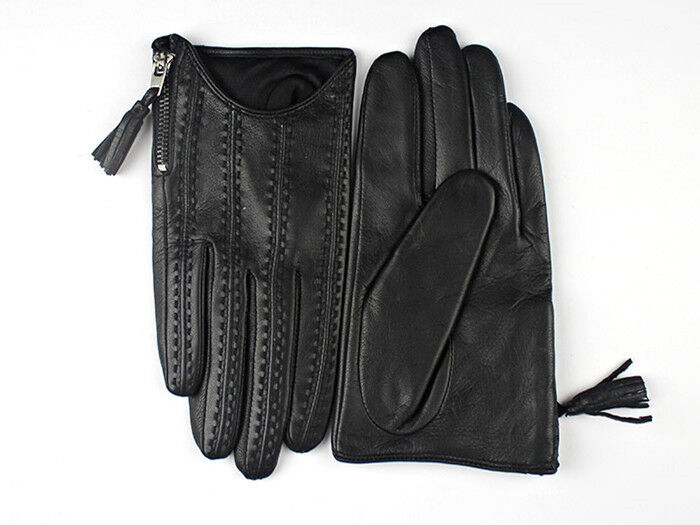 TECH GLOVES Real Leather BLACK Wrist Long Zipper Fringe Tassel Touchscreen Lamb