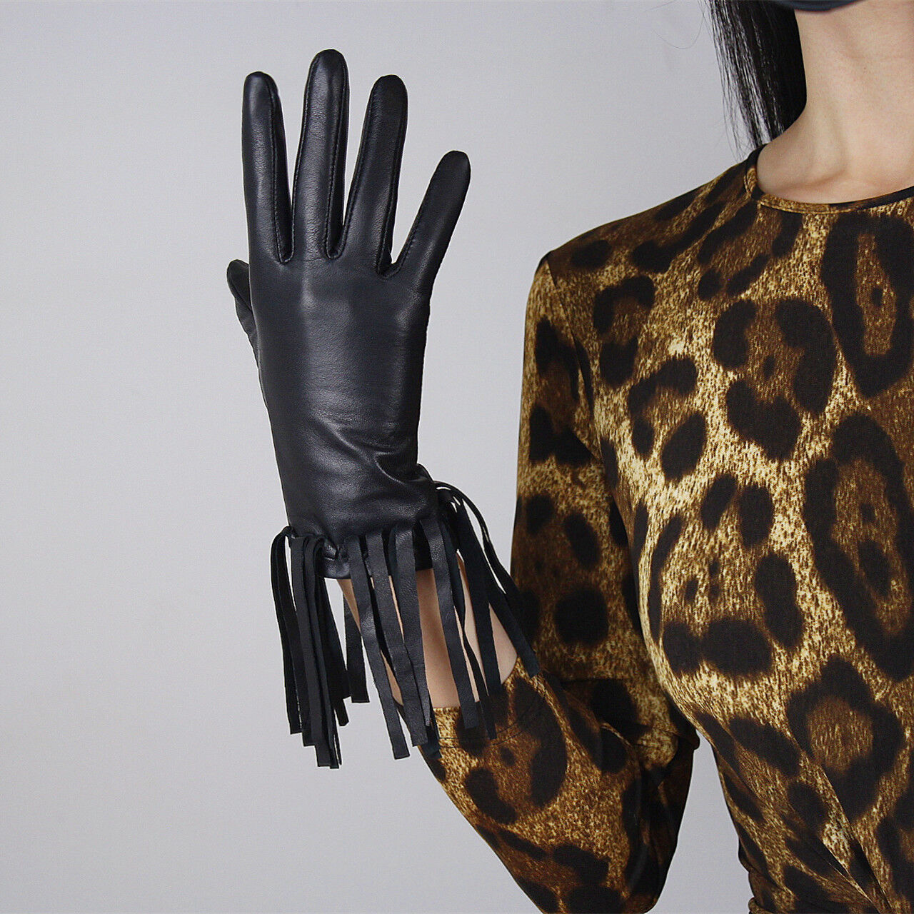 TECH GLOVES Real Leather Black Lambskin Sheepskin Wrist Long Short Fringe Cuffs