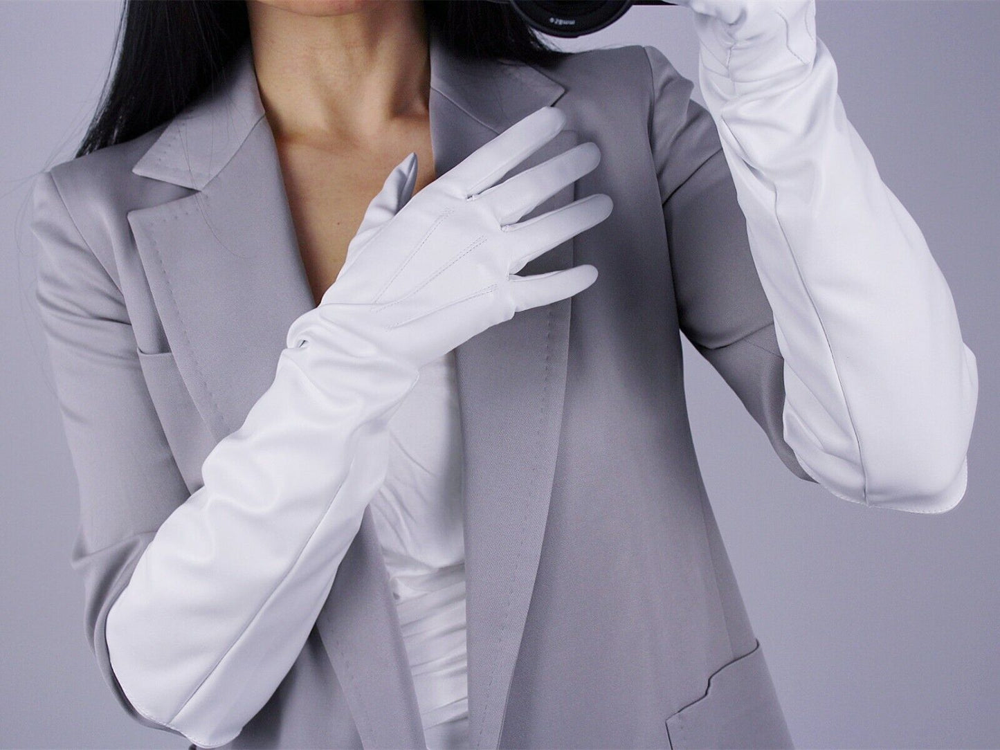 TECH LONG GLOVES Unisex White Faux Leather Elbow 50cm 20" Loose L PUFF SLEEVES