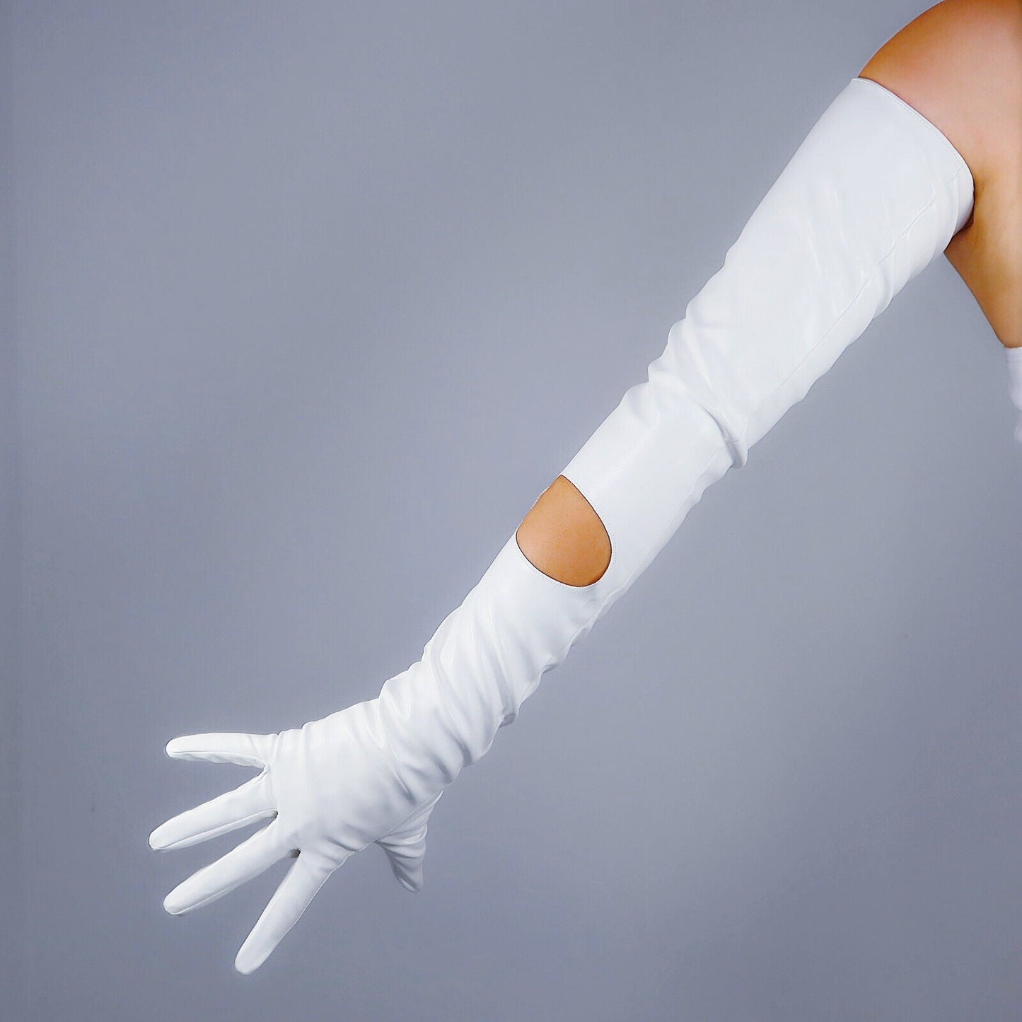 CUT OUT LONG GLOVES Faux Leather PU 28" 70cm White Extra Long Fitted Circle