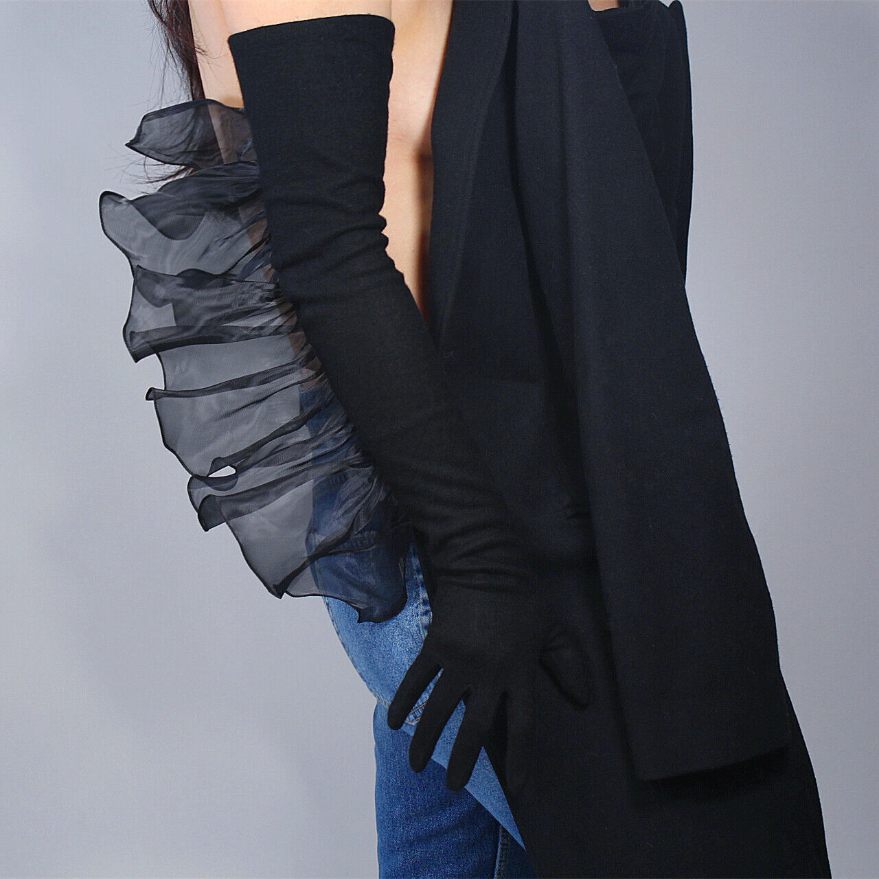 SHEER WINGS Cashmere Merino Wool Gloves 28" 70cm Long Arm Warmers Sleeves Black