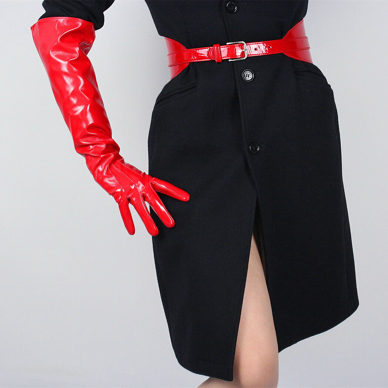 PATENT LONG GLOVES Unisex Faux Leather Elbow 50cm Large Shine Red PUFF SLEEVES L