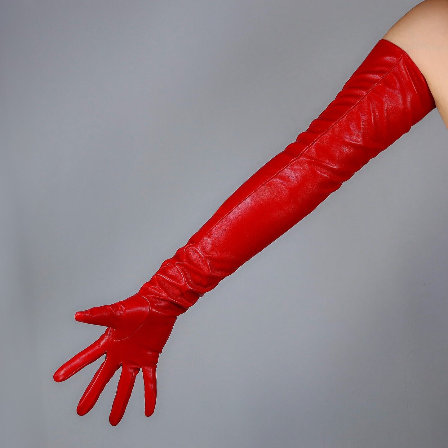 CUT OUT LONG GLOVES Faux Leather PU 28" 70cm Red Extra Long Fitted Circle