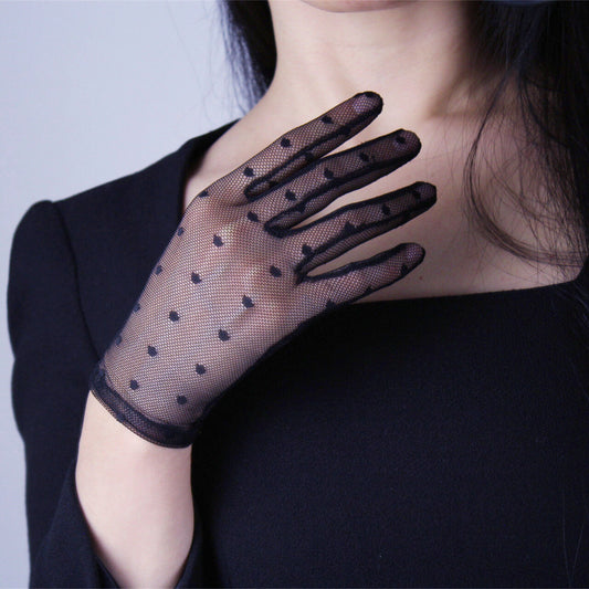 MESH SHORT GLOVES Polka Dot Lace Stretch Tulle Semi Sheer Touchscreen Black