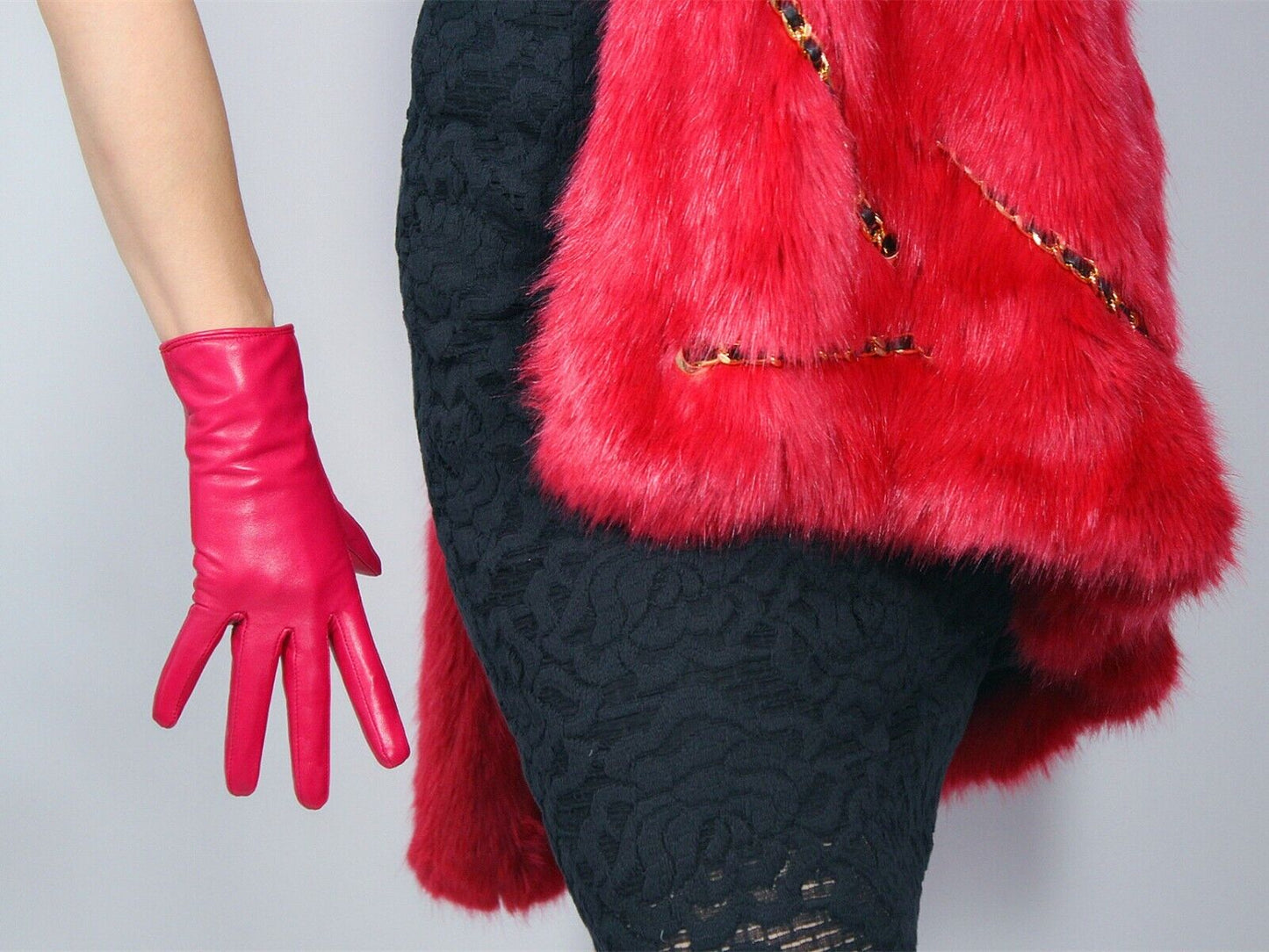 REAL LEATHER GLOVES Wrist Short Lambskin Sheepskin 23cm Hot Pink Rose Magenta