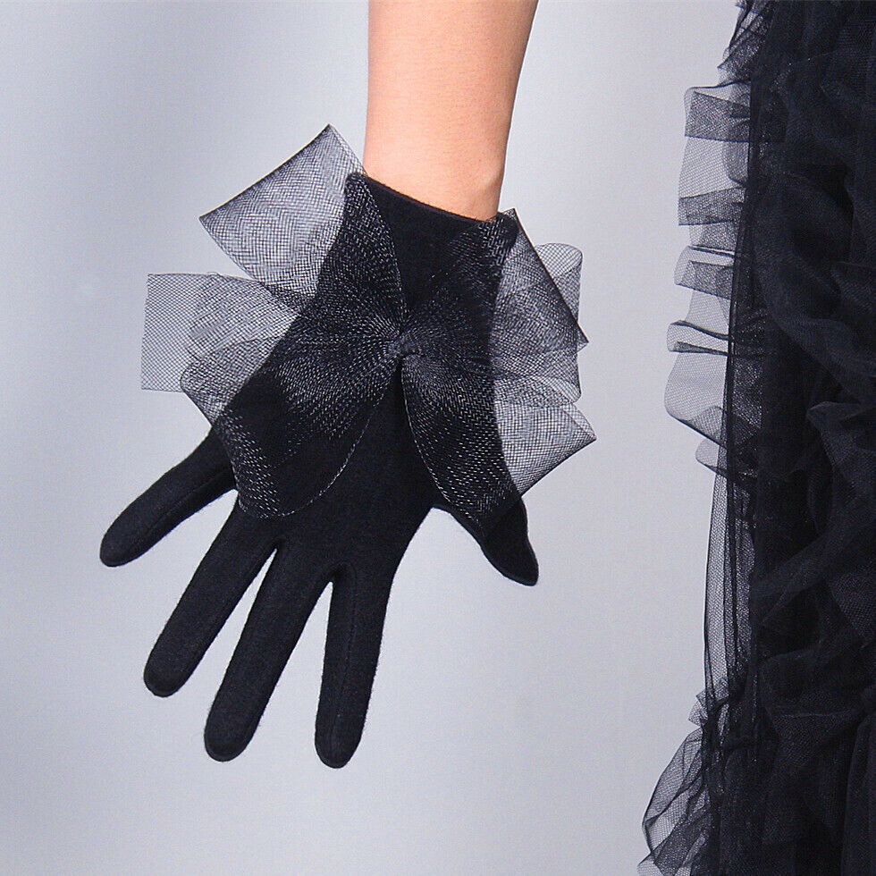 WOOL GLOVES w/ Extra Large Tulle Bows Black Lace Flower Knitting Dress Gloves