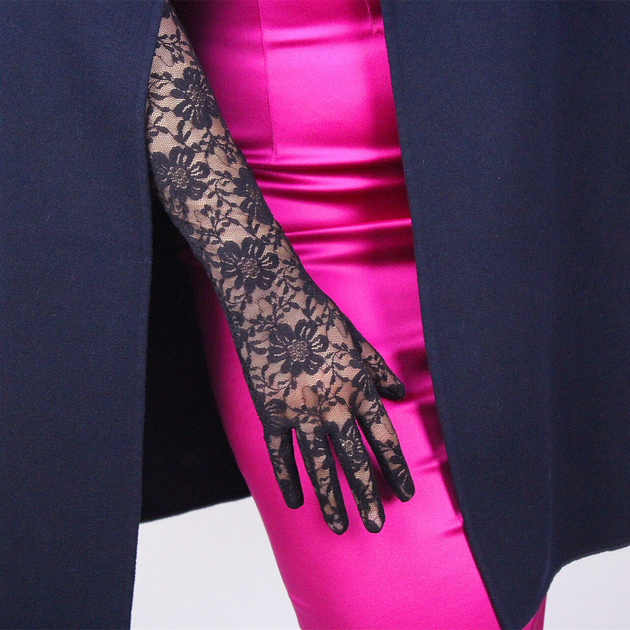 Lace Long Gloves Stretch Tulle Mesh Semi Sheer Touchscreen Sensitive Black