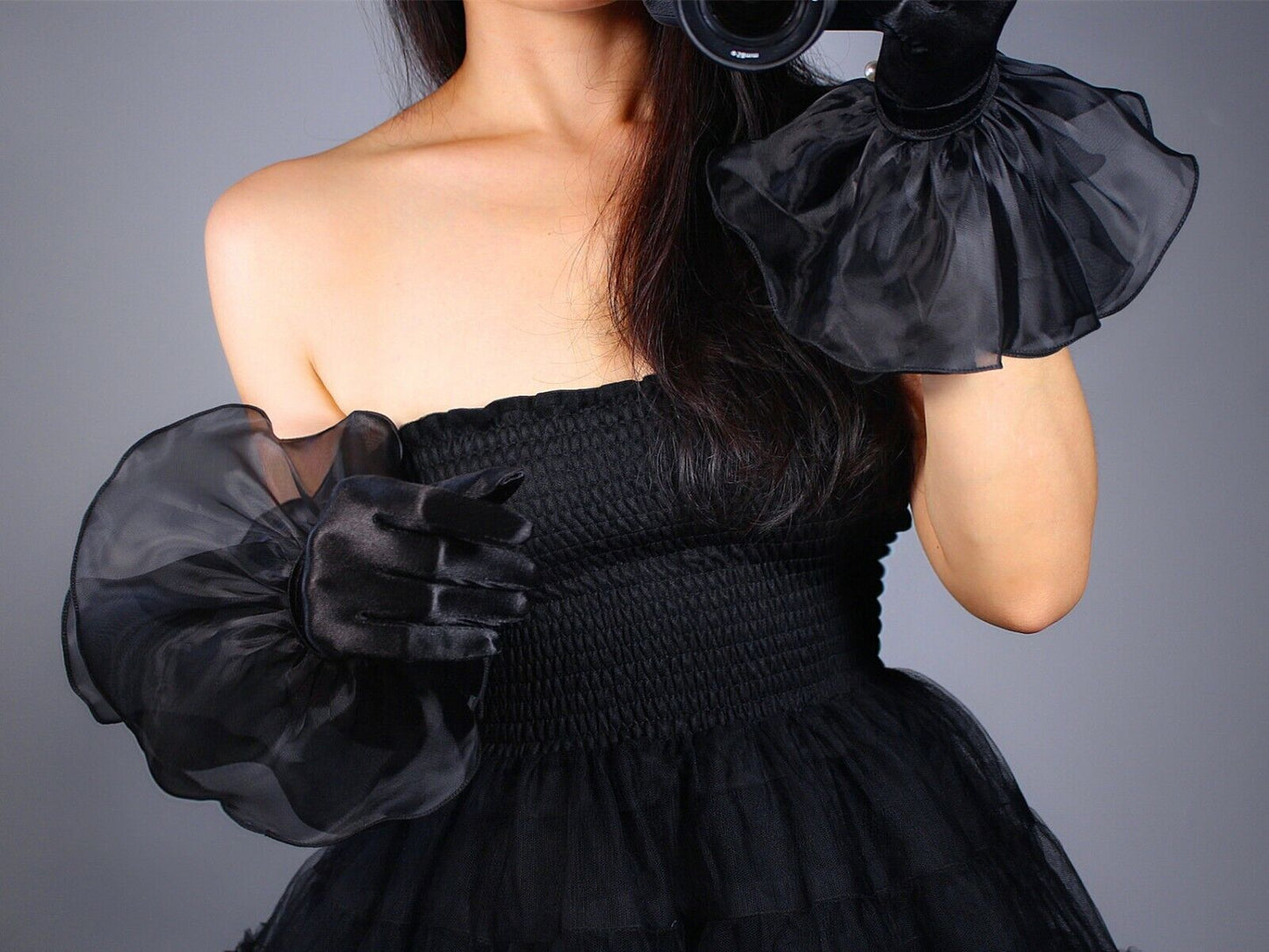 Satin Silk Gloves Wrist Short Stretch Black Mesh Tulle Organza Ruffle Chiffons