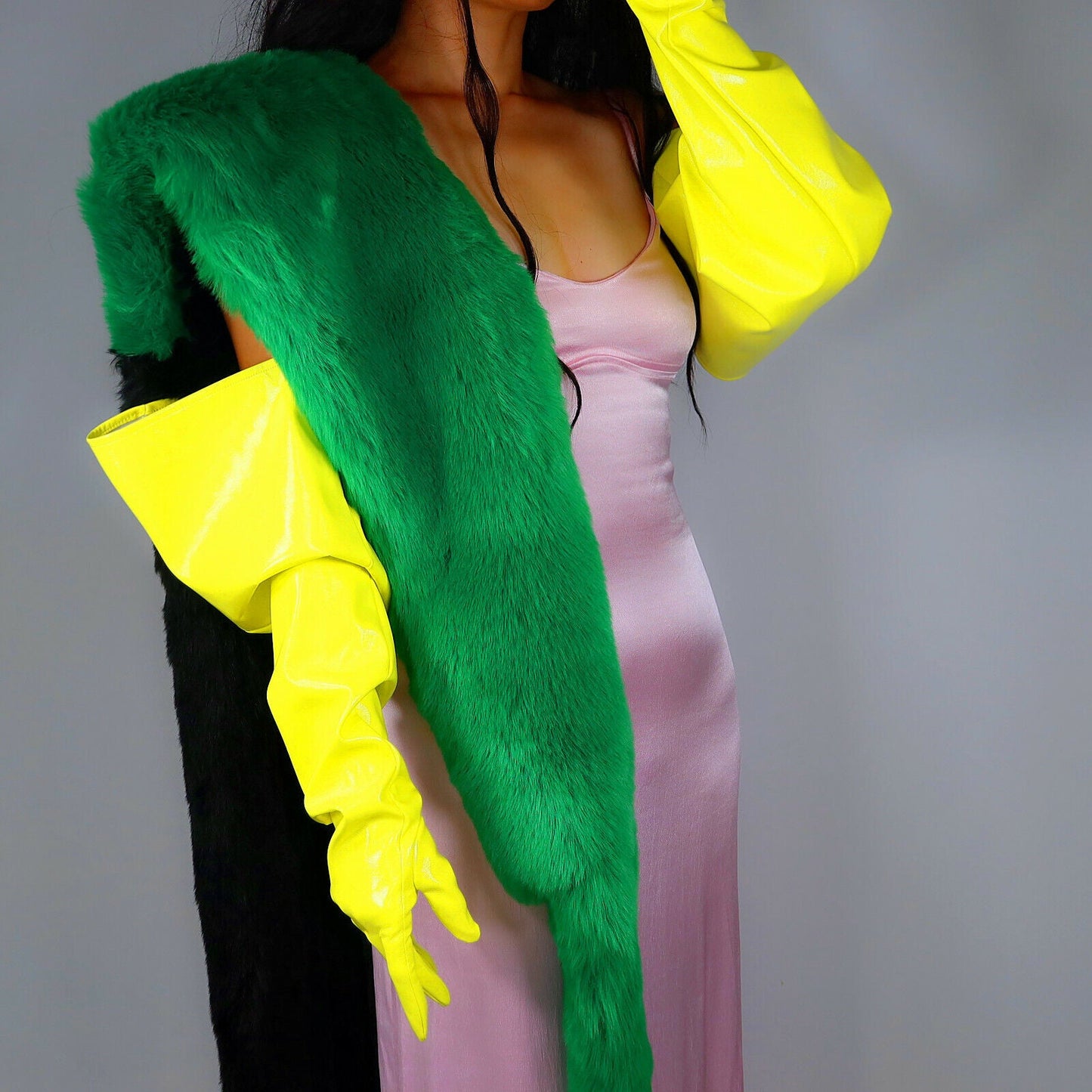 LATEX GLOVES 70cm Puff Long Shine Leather Faux Patent Lime Fluorescent Yellow