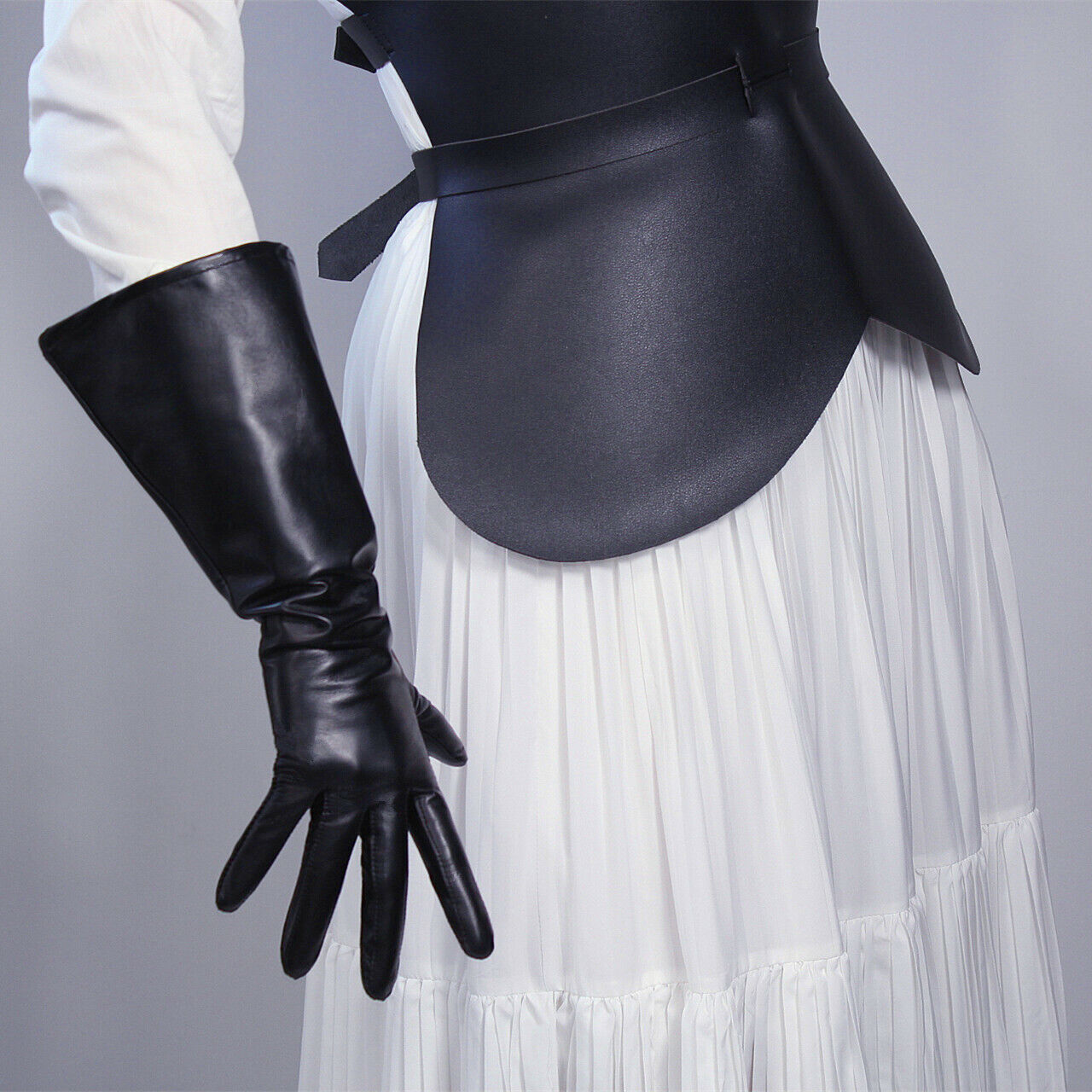 REAL LEATHER TECH LONG GLOVES Unisex Black 38cm Wide Balloon Puff Sleeves Large