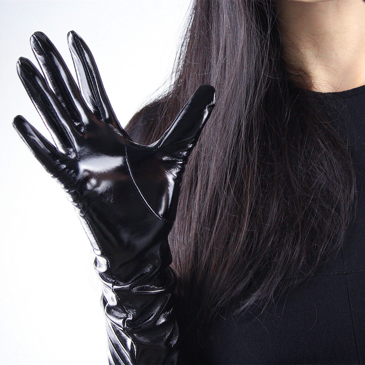 Shine Leather Faux Patent Leather 16" 40m Long Gloves Black Cosplay Gothic Latex