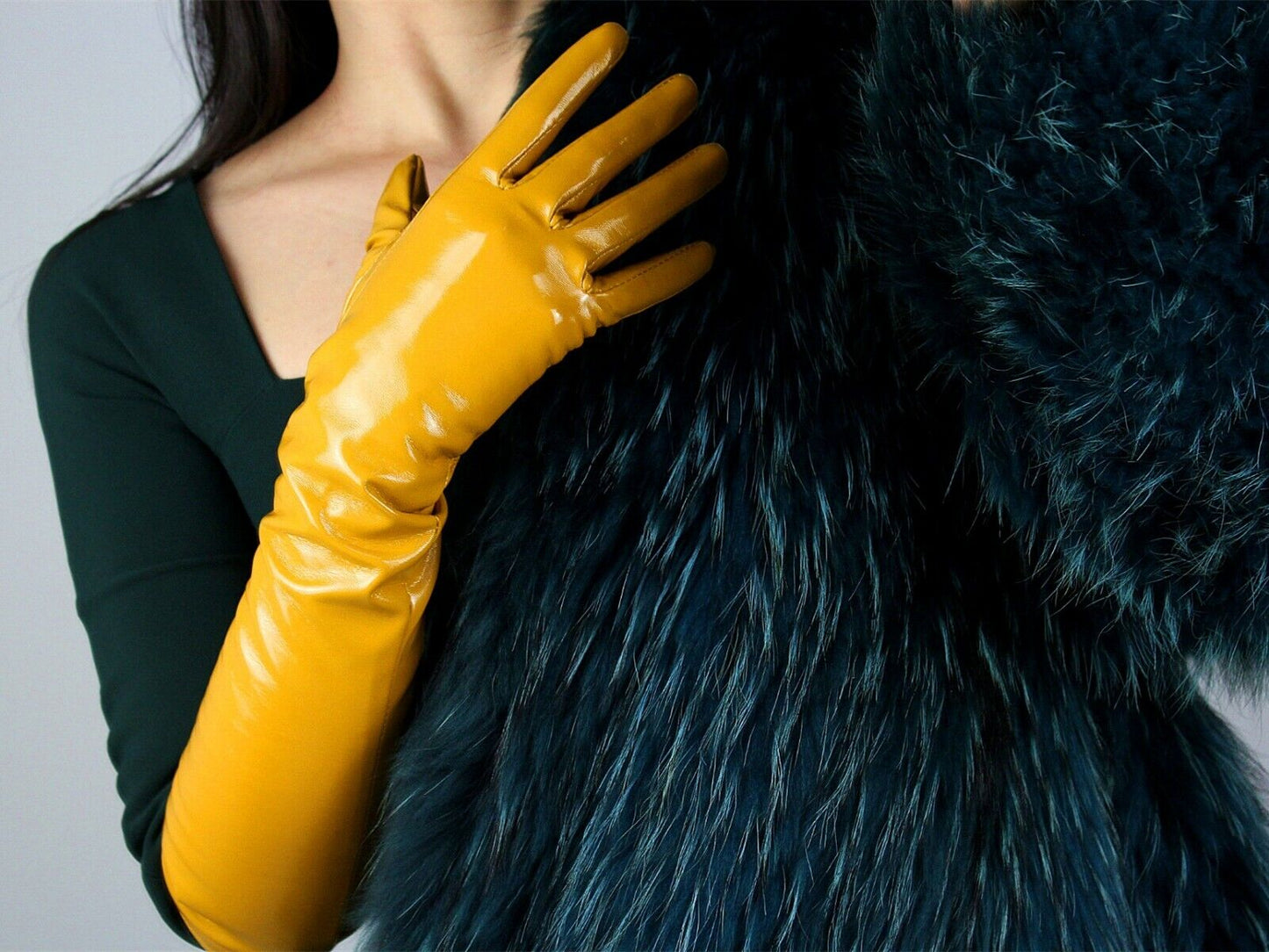 LATEX LONG GLOVES Shine Leather Faux Patent PU 20" 50cm Opera Ginger Yellow