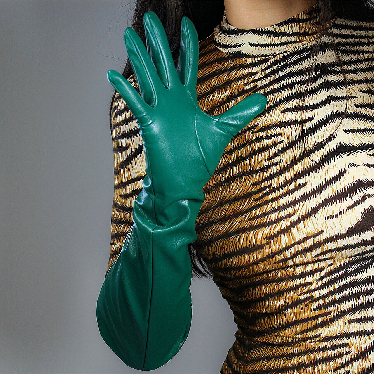 LONG GLOVES Faux Leather Lambskin 20" 50cm Kelly Green Large PUFF SLEEVES L