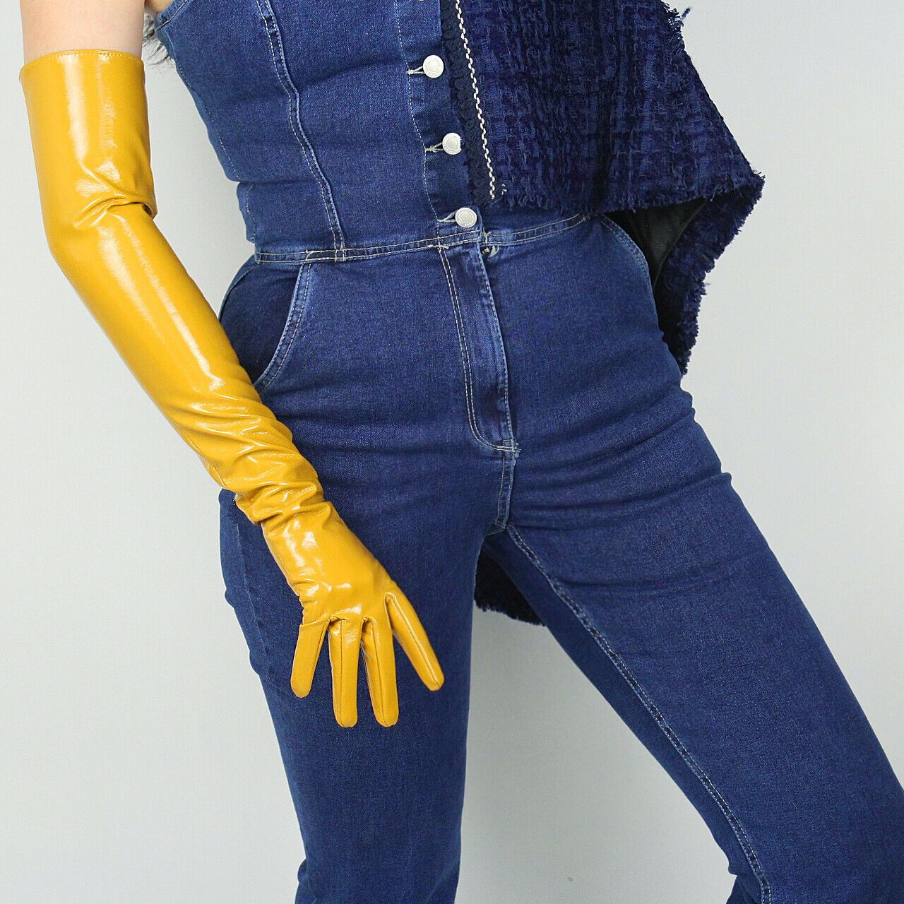 LATEX LONG GLOVES Shine Leather Faux Patent PU 24" 60cm Opera Mustard Yellow