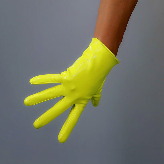 LATEX GLOVES 21cm Wrist Short Shine Leather Faux Patent Lime Fluorescent Yellow