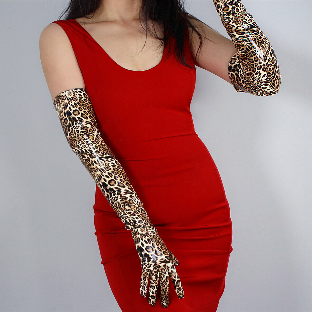 LATEX LONG GLOVES Shine Leather PU 24" 60cm Animal Print Brown Cheetah Leopard