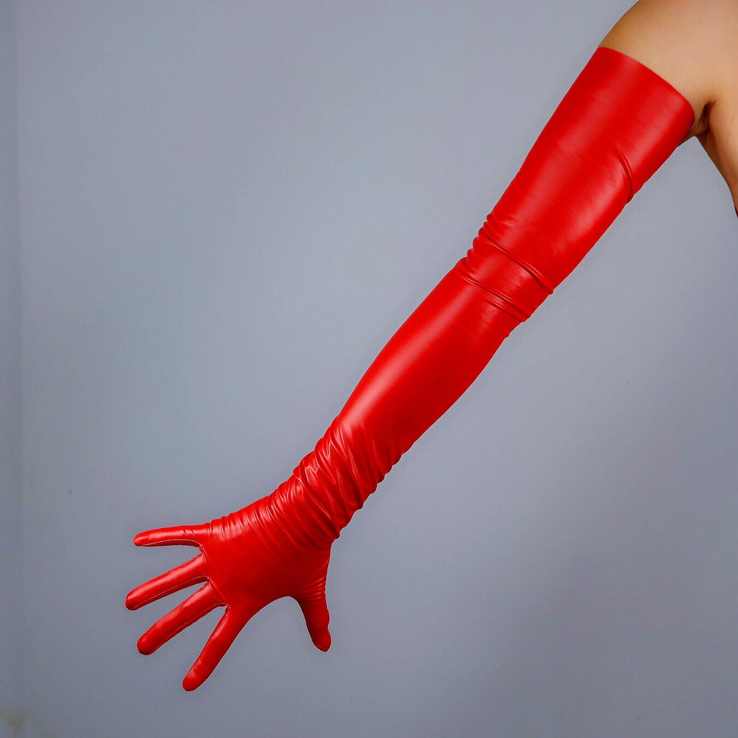 LATEX GLOVES 2nd Skin Thin Faux Leather Rubber 28" 70cm Matt Red LONG FITTED