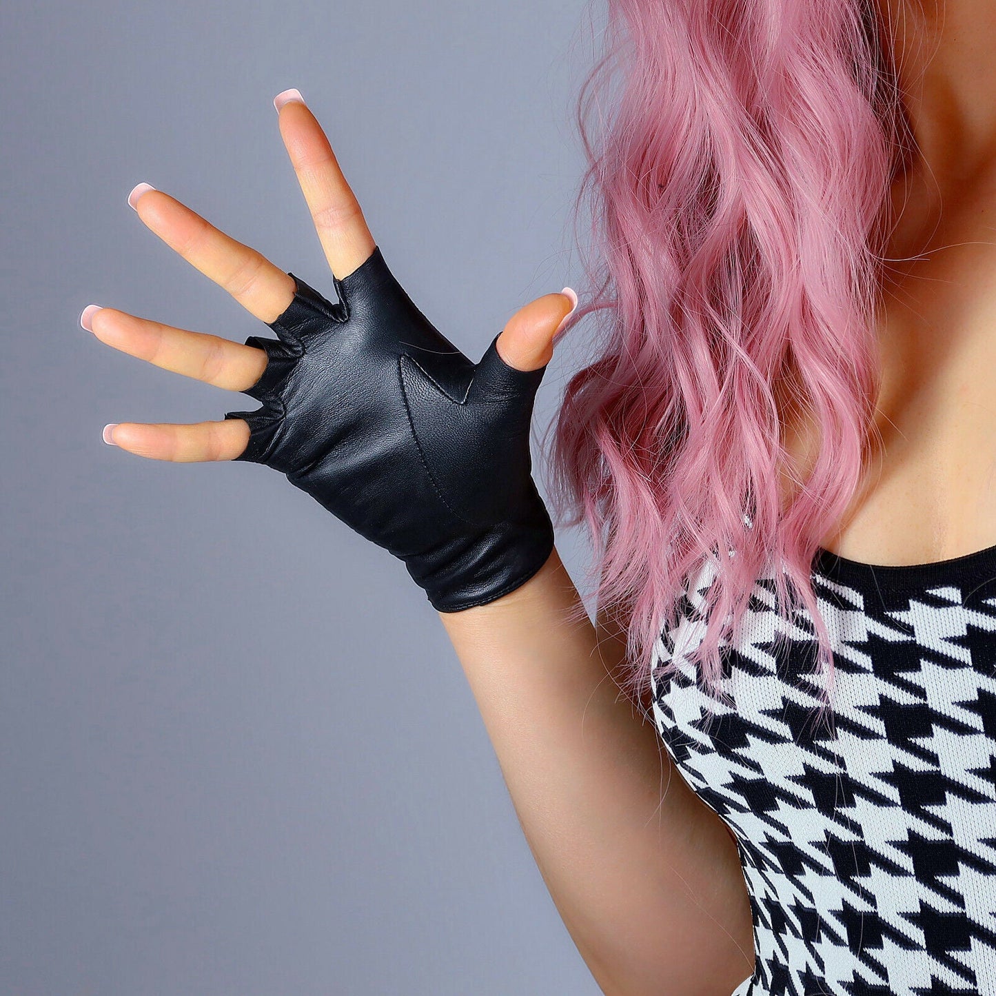 REAL LEATHER GLOVES Black Half Finger