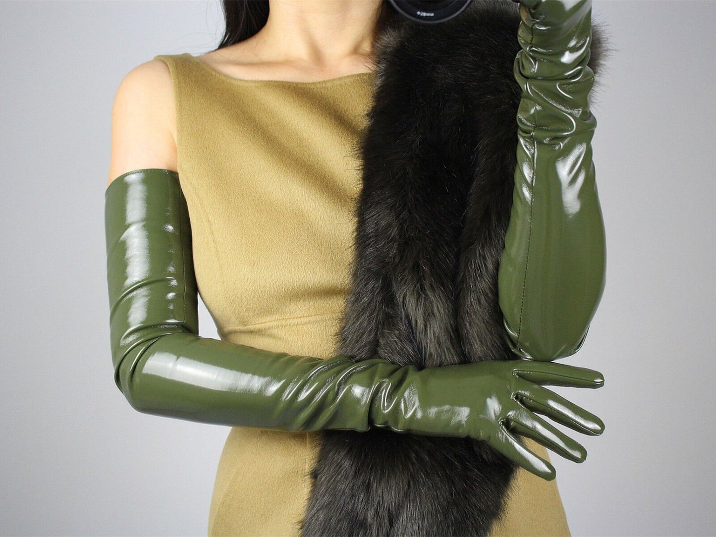 LATEX LONG GLOVES Shine Leather Faux Patent PU 28" 70cm Opera Olive Army Green