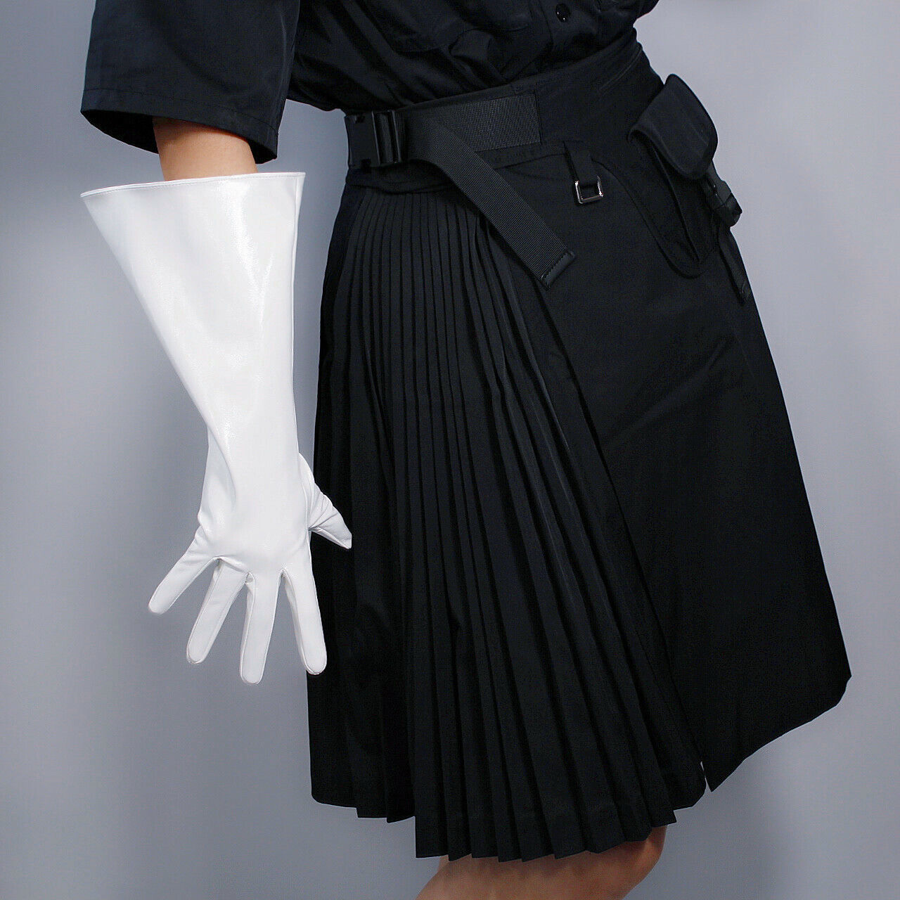 PATENT LONG GLOVES Unisex Faux Leather Wide Balloon Puff Sleeves L White 38cm