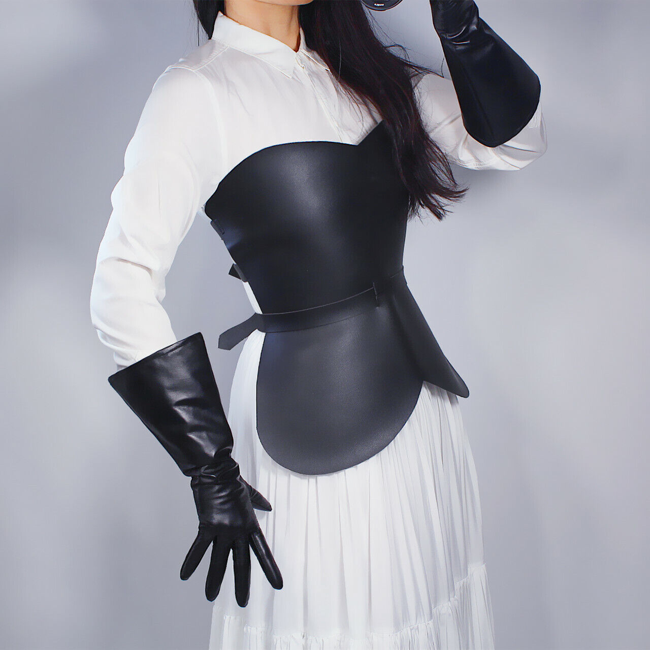 REAL LEATHER TECH LONG GLOVES Unisex Black 38cm Wide Balloon Puff Sleeves Large