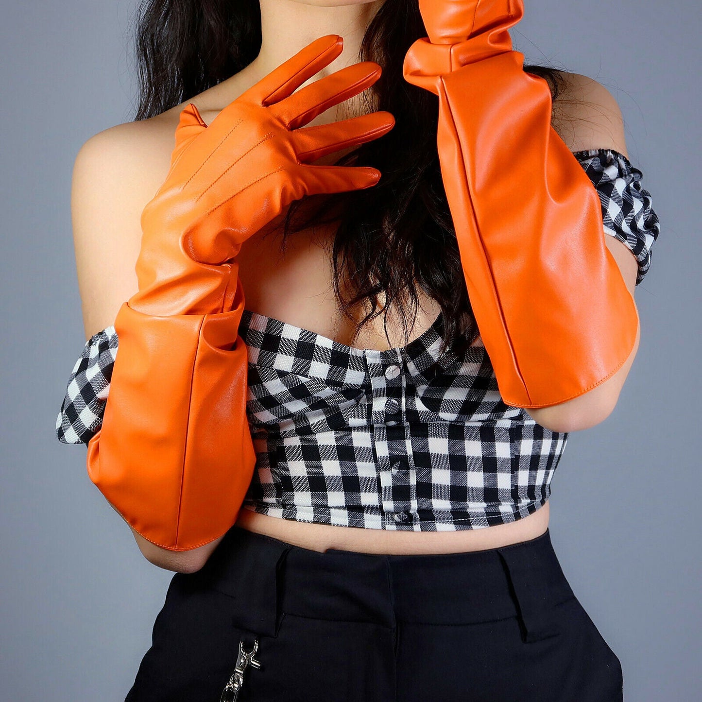 LONG FASHION GLOVES Faux Leather PU 20" 50cm Orange Unisex Loose PUFF SLEEVES L