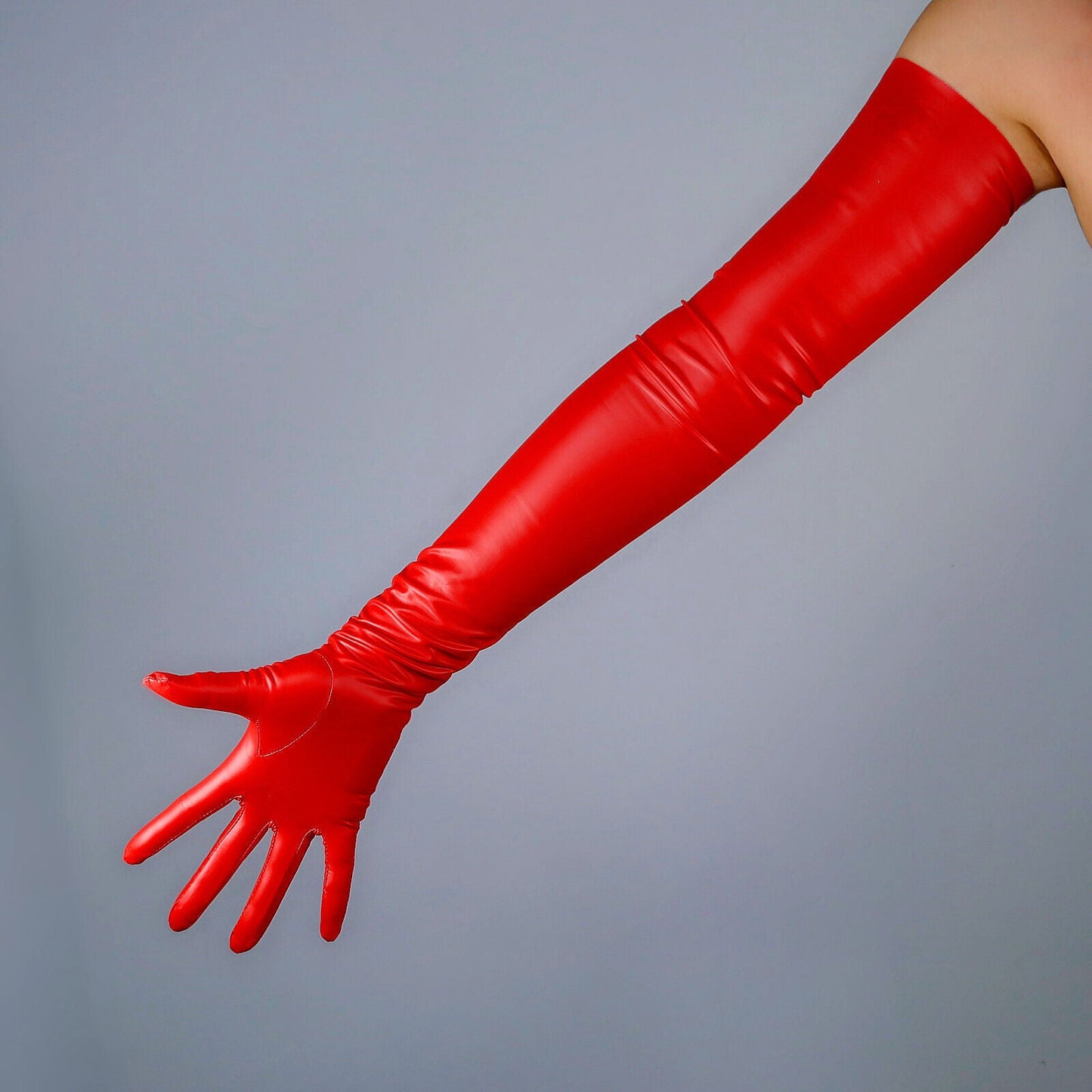 LATEX GLOVES 2nd Skin Thin Faux Leather Rubber 28" 70cm Matt Red LONG FITTED