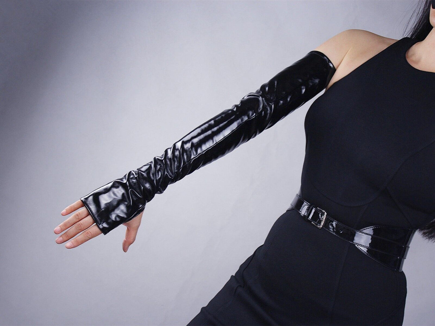 LATEX LONG GLOVES Shine Leather Faux Patent Black Fingerless Wristlet Half finger