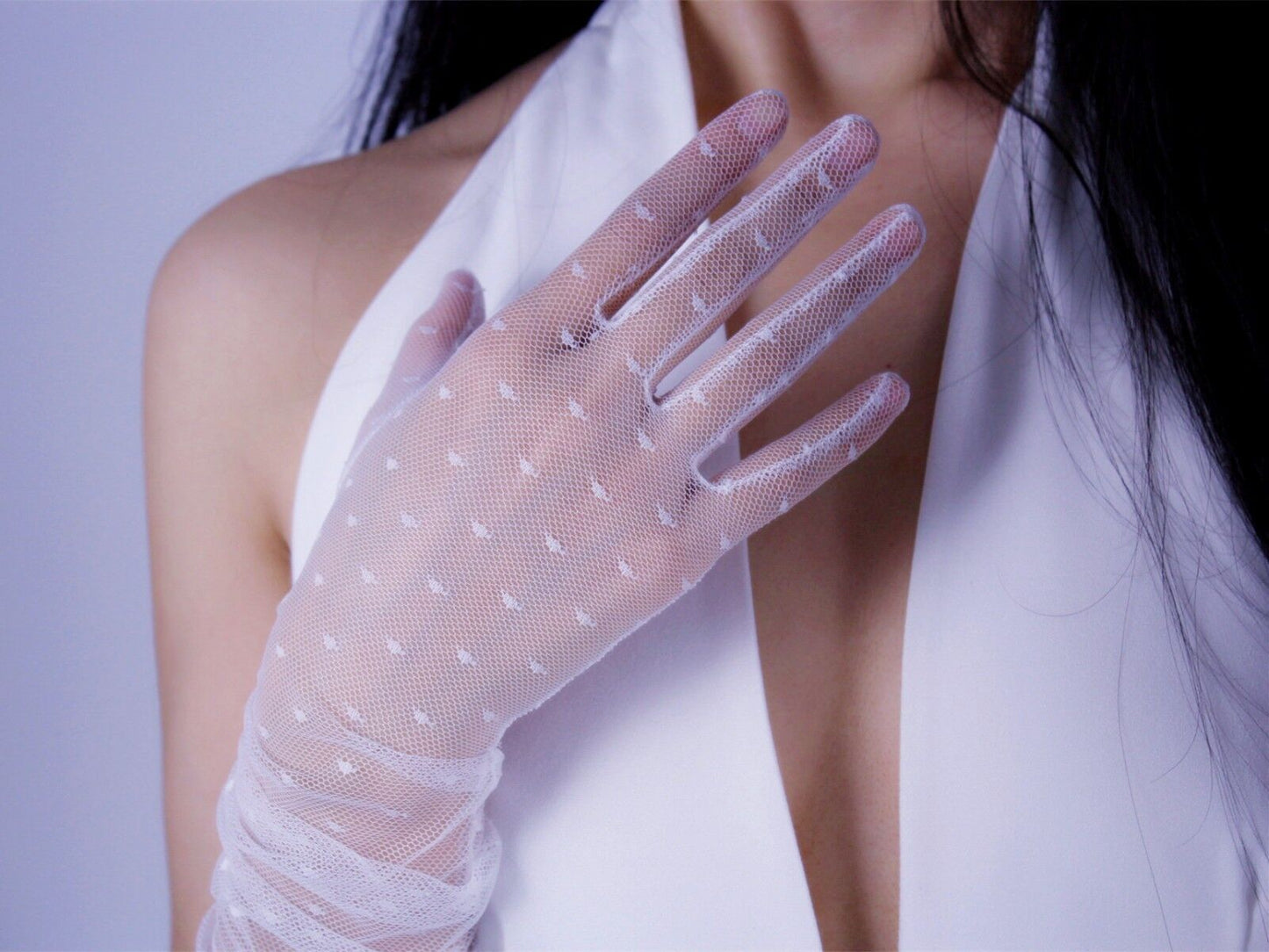 MESH LONG GLOVES Heart Shape Lace Stretch Tulle Semi Sheer Touchscreen White