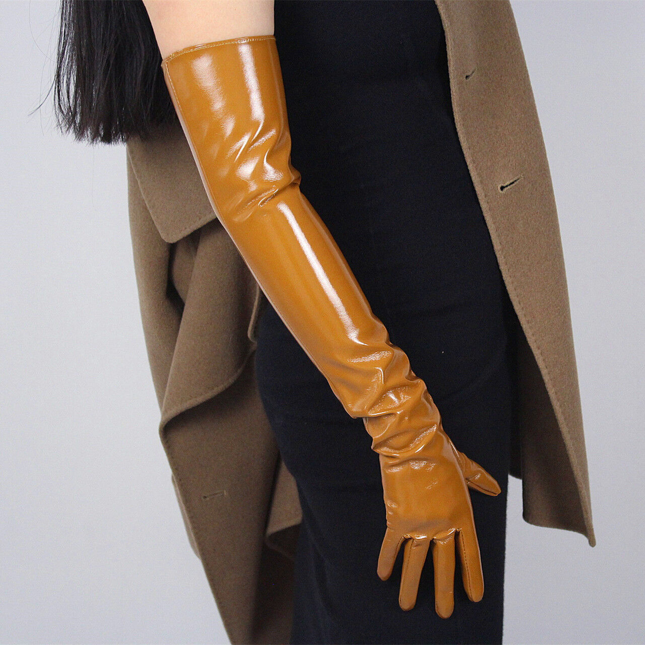 LATEX LONG GLOVES Shine Leather Faux Patent PU 24" 60cm Opera Evening Brown