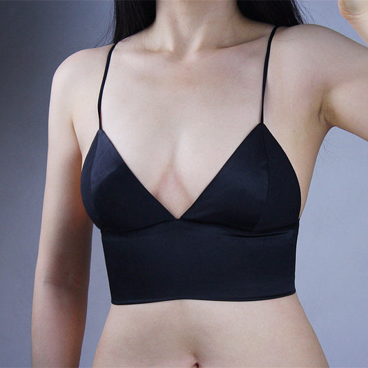 SATIN BRA TOP Bralette Stretch Faux Silk Crop Corset Black Triangle Spaghetti